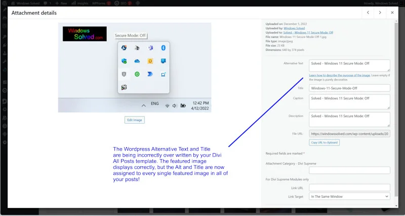 Divi Featured Images Error Alt & Title Tags in WordPress Media