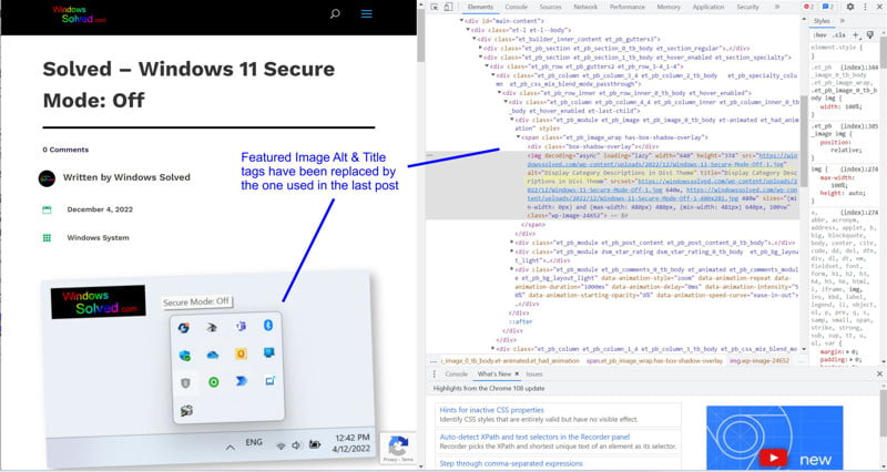 Divi Featured Images Error Alt & Title Tags. See the code