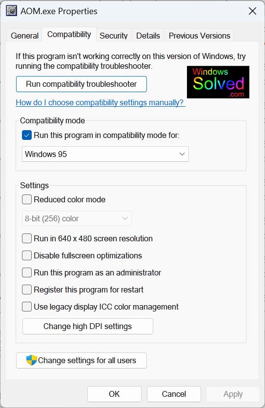 Photoshop 6.0 AOM.exe compatibility settings for Windows 11