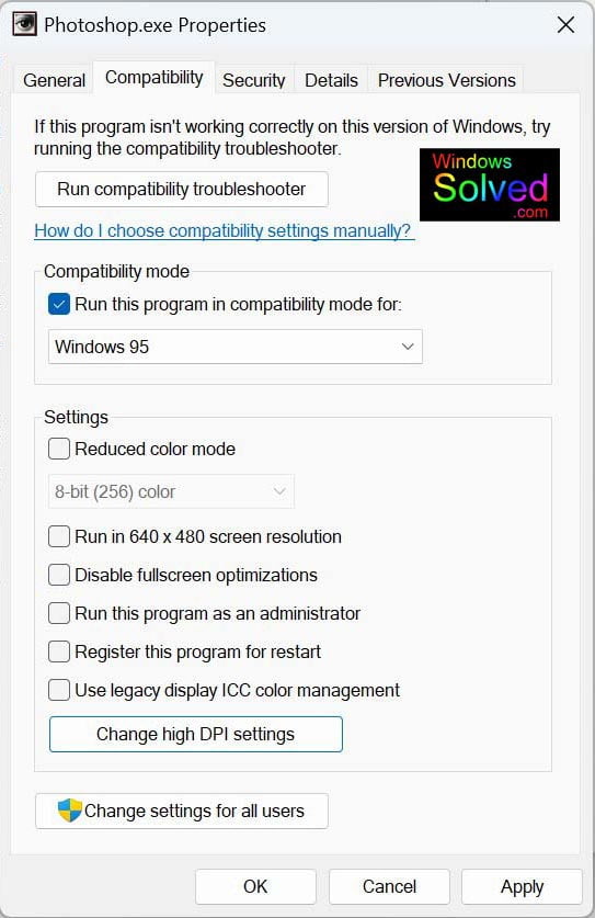 Photoshop 6.0 compatibility settings for Windows 11