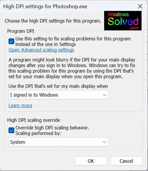 Photoshop 6.0 high DPI settings for Windows 11