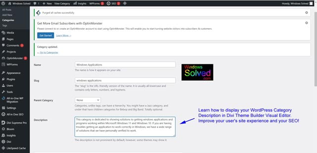 Solved – Display Category Descriptions in Divi for WordPress