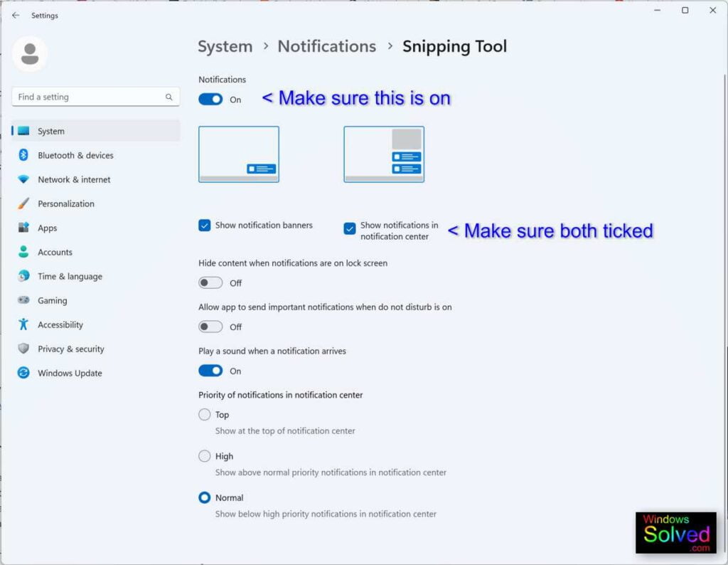 Enabling Snipping Tools notification settings to show preview pop-ups in Windows 11