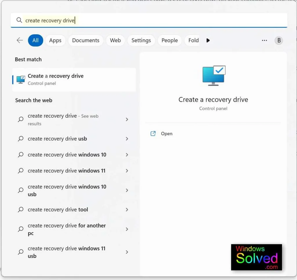 Windows 11 - how to create a Widows Recovery Drive