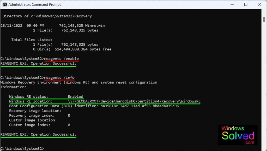 Windows 11 - running reagentc /enable and reagentc /info