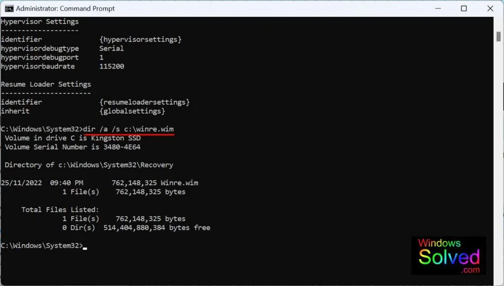 Instructing Windows to set the location of winre.wim for your recovery system