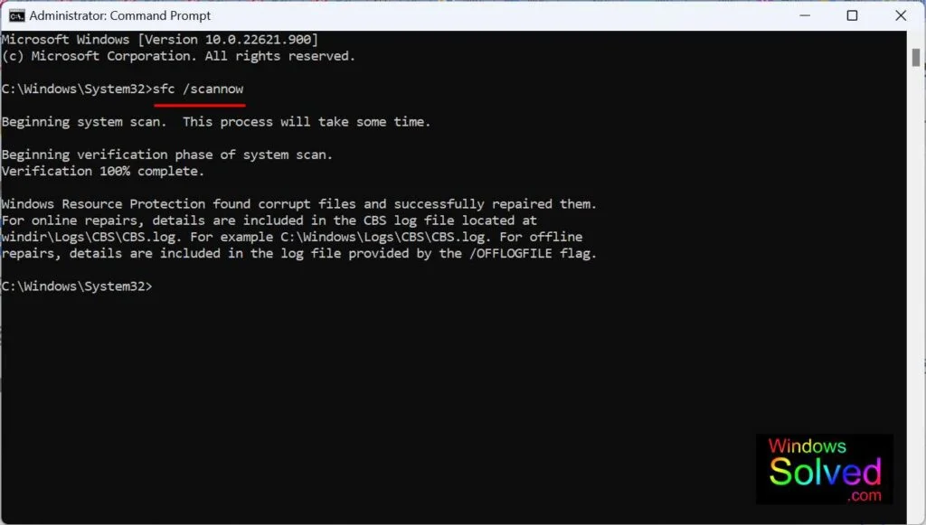 Running sfc /scannow from a command prompt in Windows 11