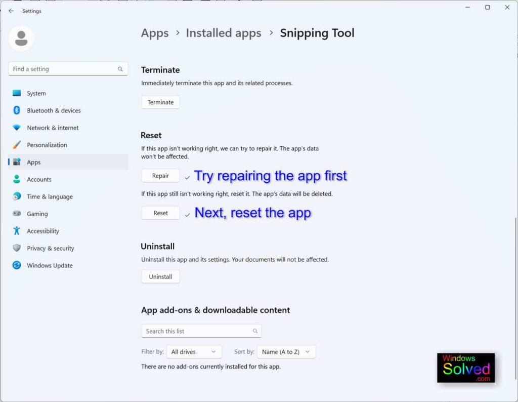Resetting and repairing the Windows Snipping Tool in Windows 11