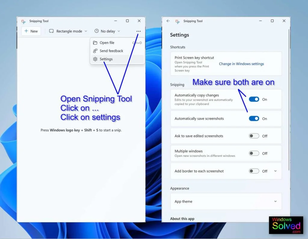 Snipping tool settings in Windows 11