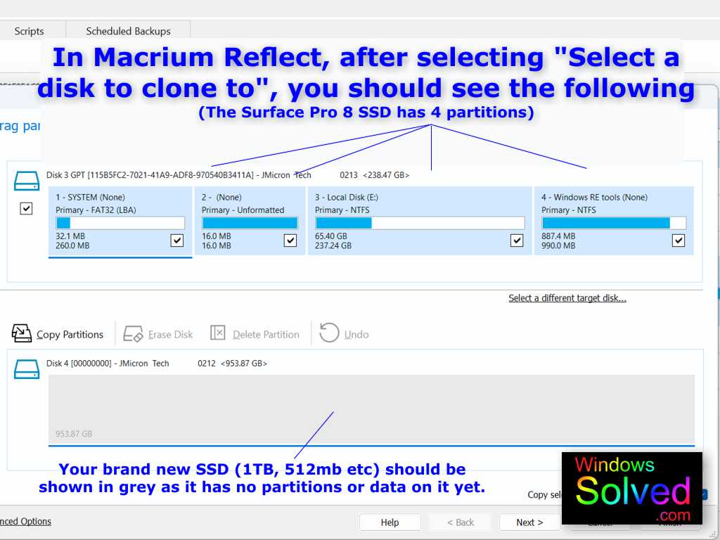 Choosing your new disk to clone your Surface Pro 8 SSD to in Macrium Reflect