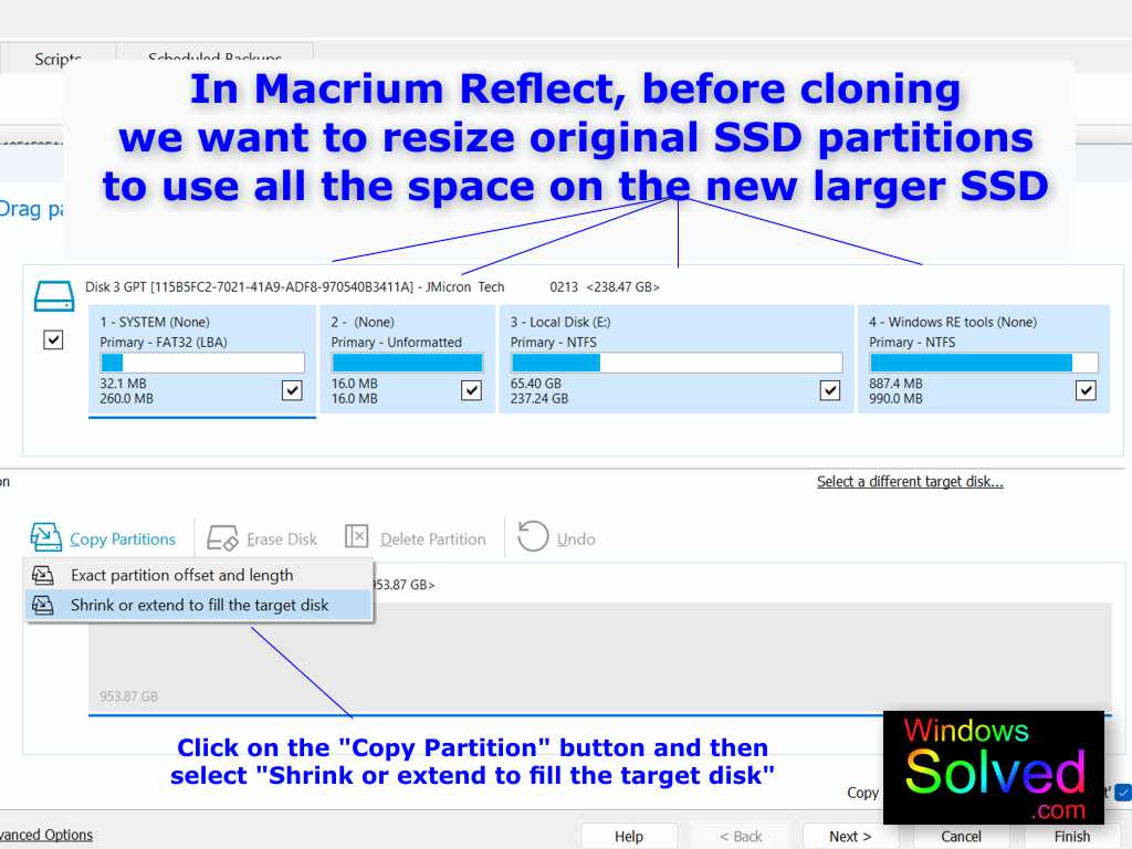 Using Macrium Reflect to resize the partitions to fit your new SSD for your Surface Pro 8